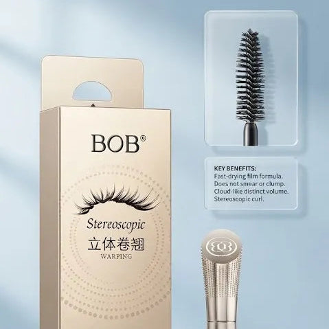 BOB Stereoscopic eyelash extensions shown with their beige packaging box, a single extension wand, and an inset showing the brush attachment, set against a soft light blue background.