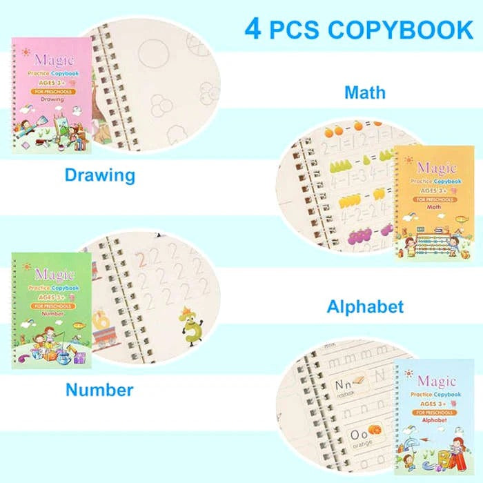 Sank Magic Practice Copybook Set Of 4 Books With Pen & Refills Reusable