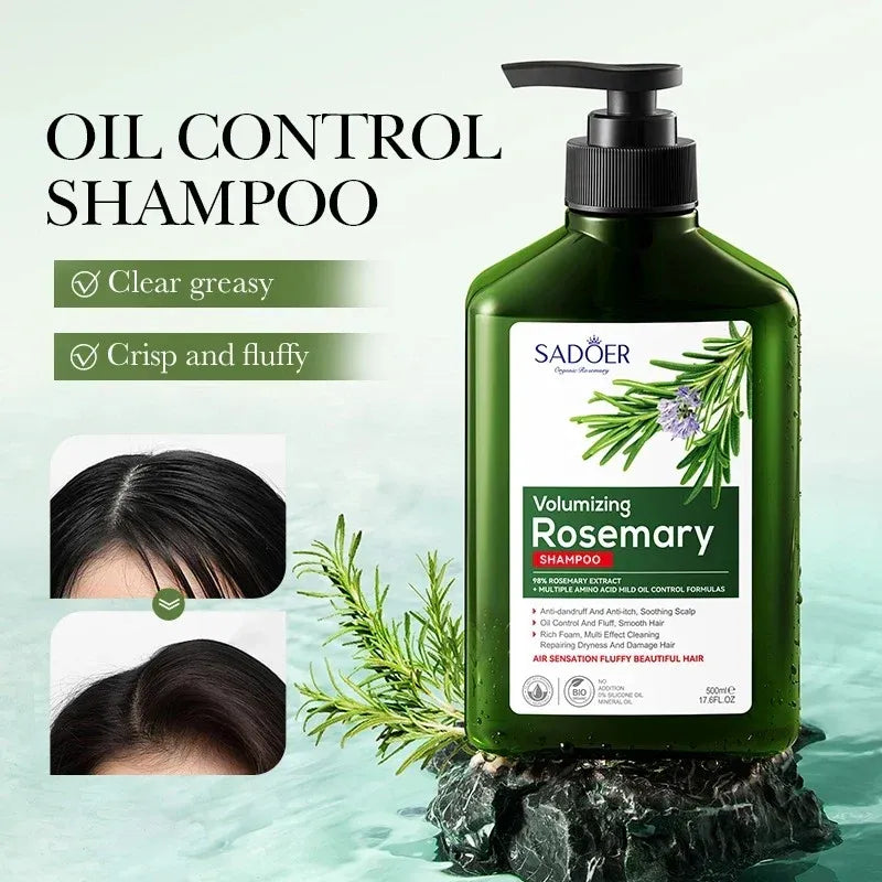 Sadoer Volumizing Rosemary Shampoo bottle with product features and before/after hair images on a light green background.