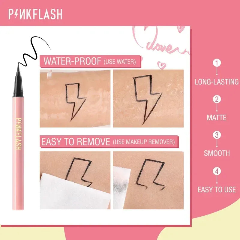 Pink Ink Flash liquid eyeliner pen shown on a pink and white promotional graphic with text highlighting waterproof, matte, smooth, and easy-to-remove qualities, plus before/after lightning-bolt makeup swatches on skin.