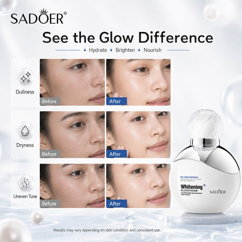 SADOER Whitening facial mask bottle shown next to a before-and-after comparison grid of skin texture and tone improvement, with text highlighting hydration, brightening, and nourishing benefits.