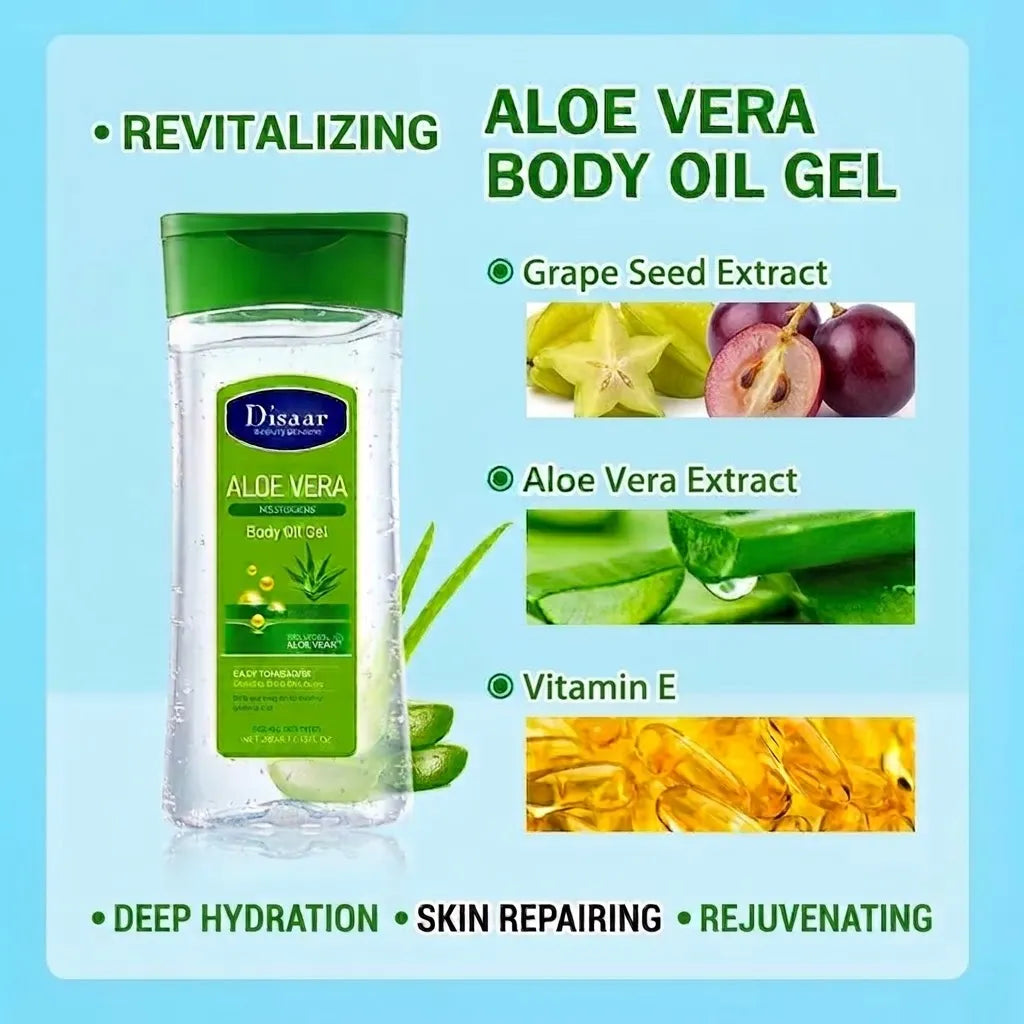 A bottle of Disaar Aloe Vera Body Oil Gel is shown on a light blue graphic background with text highlighting ingredients like grape seed extract, aloe vera extract, and vitamin E.