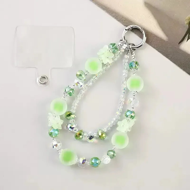Double-Layer Beaded Phone Charm Wristlet with Flower Accents