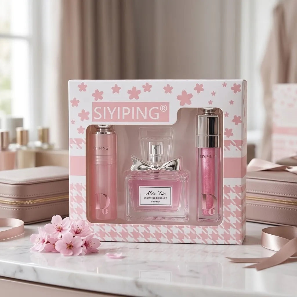 A pink and white SIYIPING perfume gift set displayed on a marble countertop. The set includes a pink body wash bottle, a pink lip gloss bottle, and a central clear perfume bottle with a silver bow, all presented in a patterned pink and white box decorated with cherry blossoms.