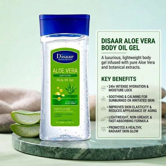 A bottle of Disaar Beauty Secrets Aloe Vera Body Oil Gel stands on a green marble surface next to sliced aloe vera leaves, with a green informational panel on the right detailing key benefits.