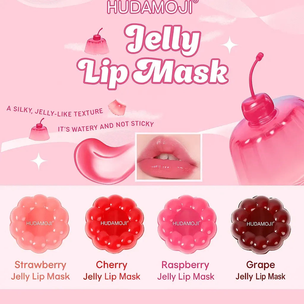 Pink promotional graphic for HUDAMOJI Jelly Lip Mask showing the product bottle, a glossy lip smear, lips wearing the mask, and four flavor options: Strawberry, Cherry, Raspberry, and Grape.