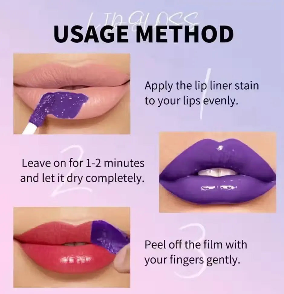 Usage method infographic for a purple lip liner stain, showing four panels with close-up lips demonstrating application, drying, and removal of the stain.