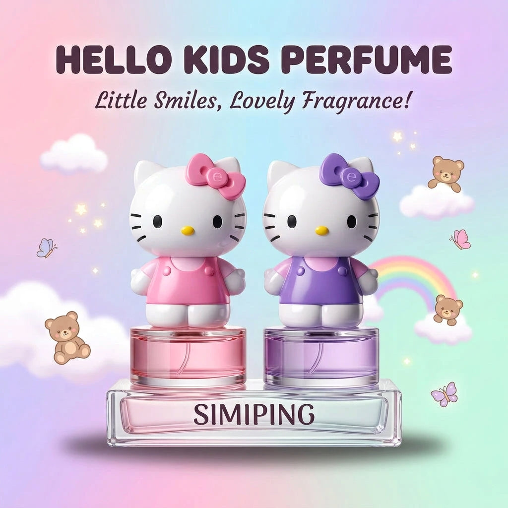 Two Hello Kitty-themed perfume bottles labeled SIMIPING, one with pink liquid and cap details, and one with purple liquid and cap details, displayed on a pastel rainbow background with clouds, bears, and the text 'HELLO KIDS PERFUME'.
