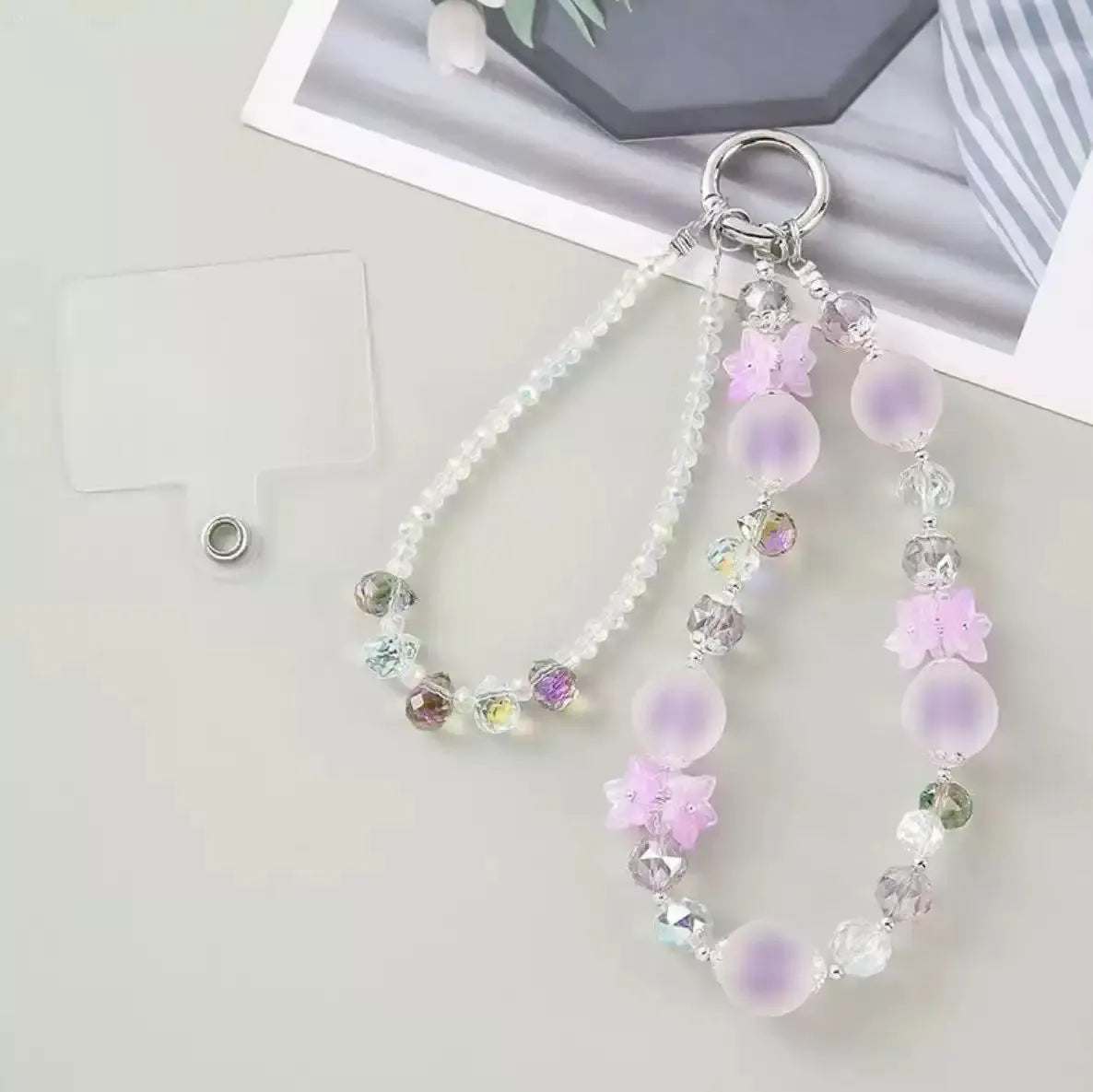 Double-Layer Beaded Phone Charm Wristlet with Flower Accents