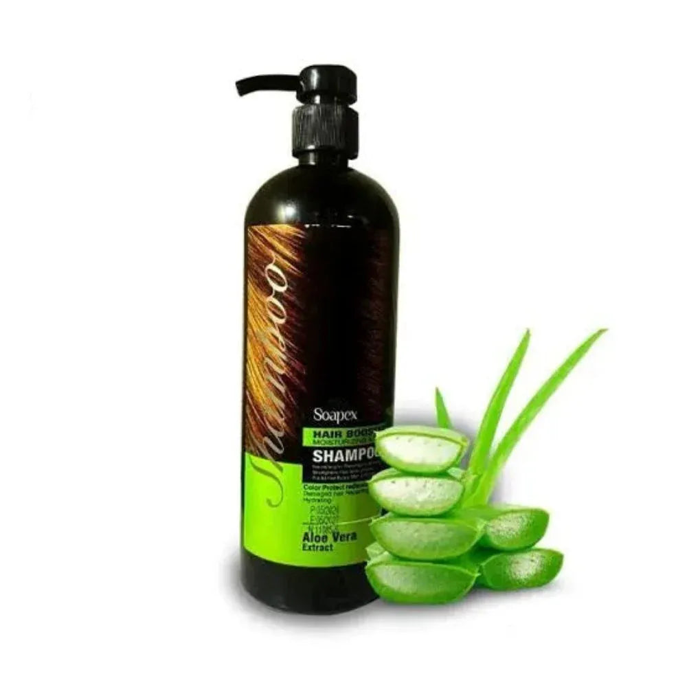 Soapex shampoo bottle with aloe vera leaves on a white background