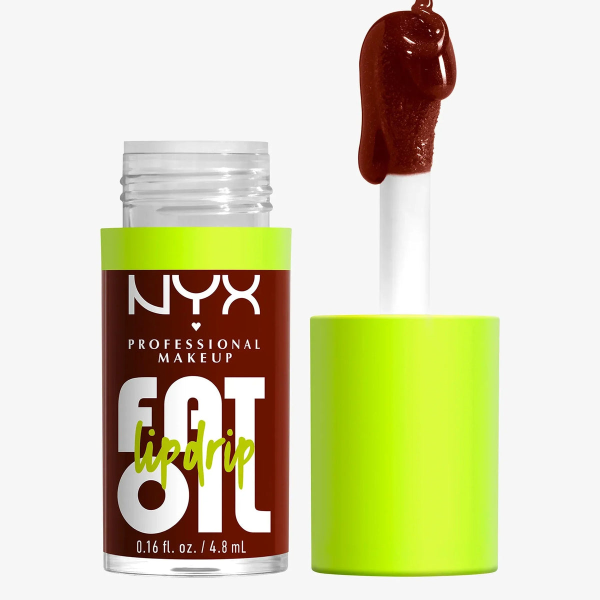 NYX Professional Makeup Fat Lip Oil in a bright lime green jar with a dark brown gloss shown on the applicator wand, set against a plain white background.
