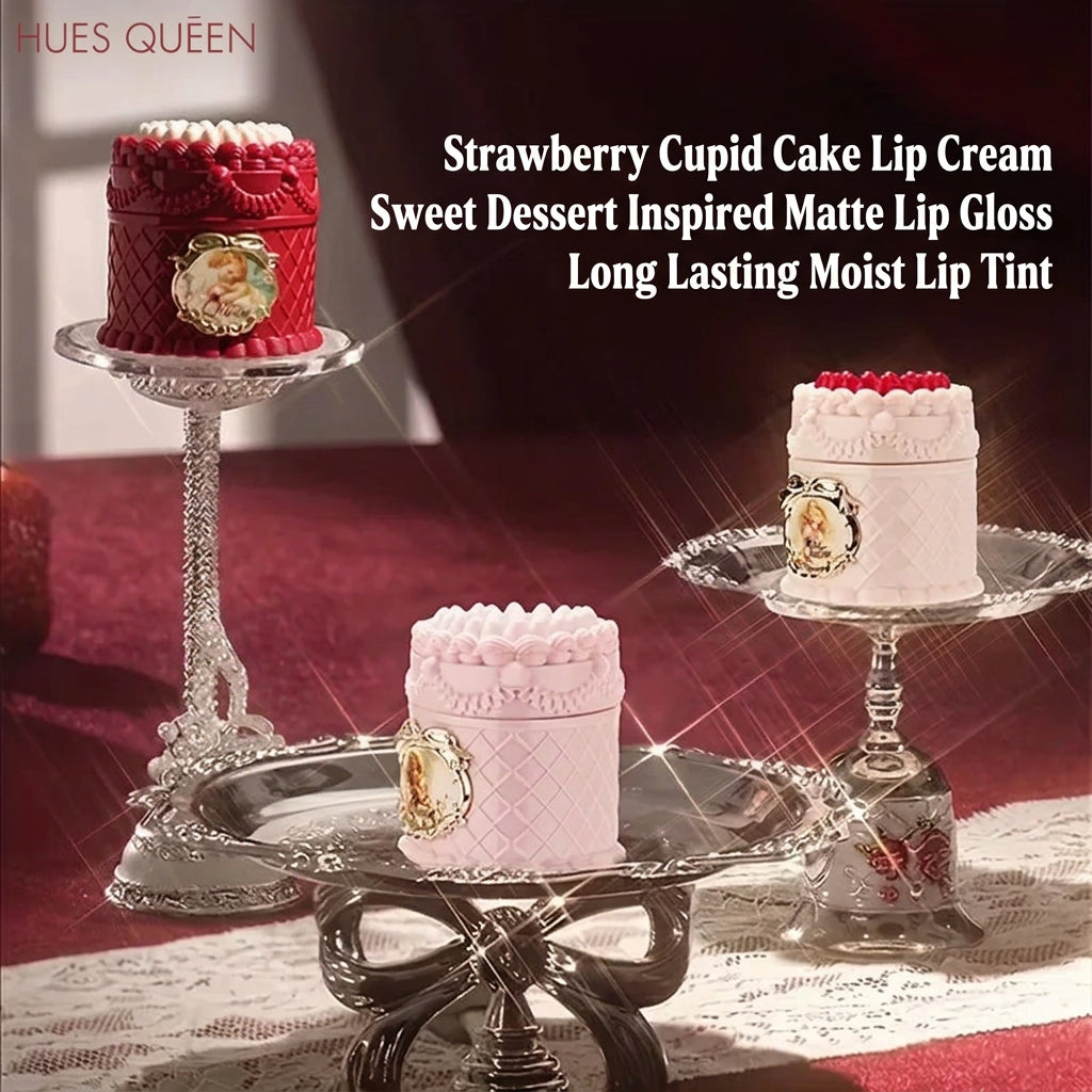 Three decorative cake-shaped lip balm tins displayed on silver stands against a dark red background, with text reading 'STRAWBERRY CUPID SERIES CAKE LIP BALM' and 'HUES QUEEN' in the corner.