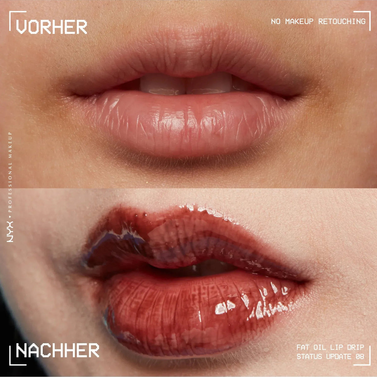 Before-and-after close-up of a person's lips showing a lip gloss transformation. The top panel shows natural, unshaded lips labeled 'VORHER'.