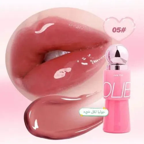 A close-up cosmetic product image showing glossy pink lips wearing shade 05#, with a matching pink lip product bottle and a glossy swatch of the color on a soft pink background.