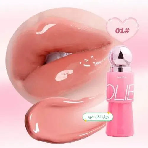 A pink cosmetic lip product bottle labeled 'OLIB' with a silver cap, shown beside a glossy swatch of the shade and a close-up of lips wearing the color. Text reads '01#' and 'جولي فلو' with Arabic script, on a soft pink background.