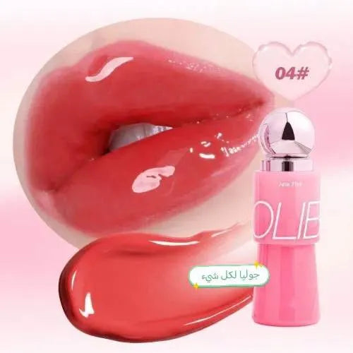 A pink cosmetic lip product bottle labeled 'OLIE' with Arabic text, shown beside a glossy swatch of shade 04 and a close-up of lips wearing the color. The background is soft pink.