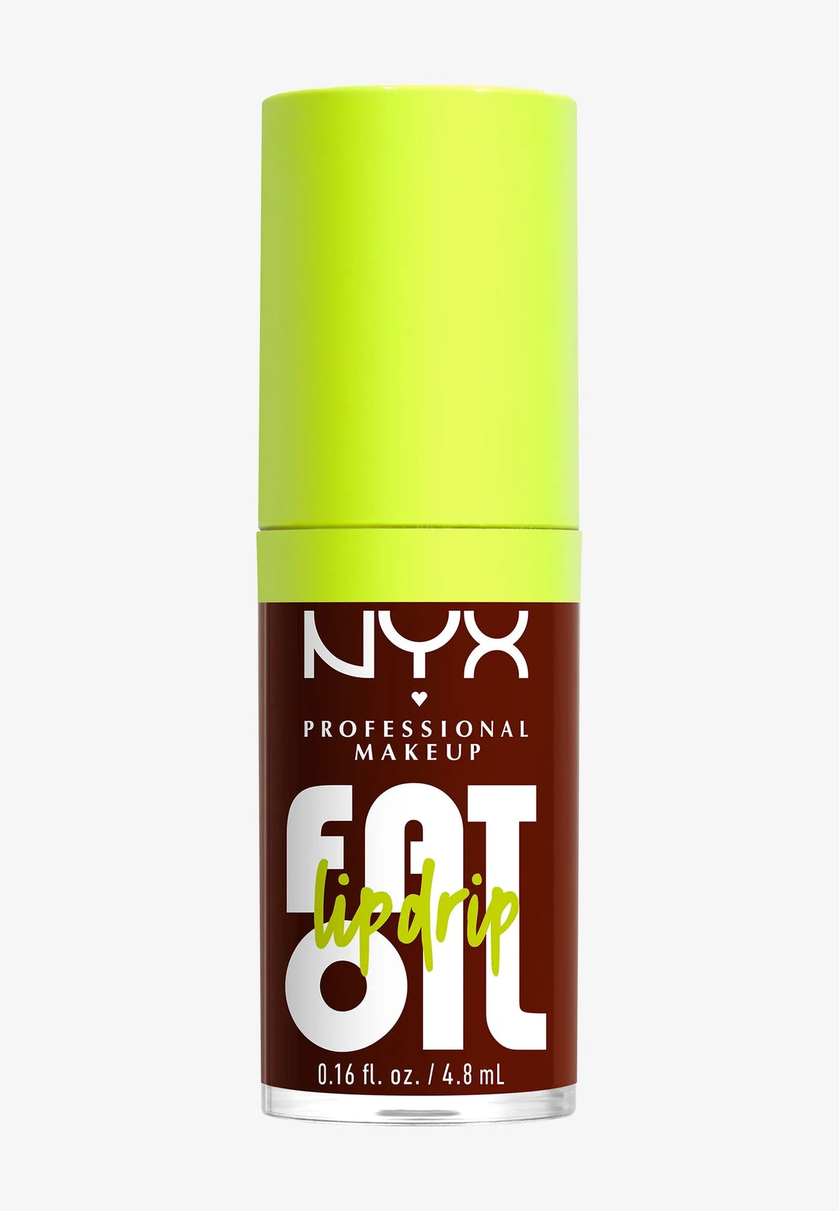NYX Professional Makeup Sat Lipstick in a bright lime green shade, shown in a clear cylindrical bottle with a brown and white label.