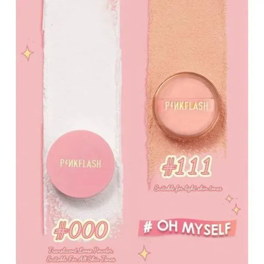 Pink flash makeup powder packaging and swatches showing two shades: #000 soft pink and #111 peachy pink, with the brand name PINKFLASH visible on the round compacts and text reading 'Suitable for light to medium skin tones' and '#OH MYSELF'.