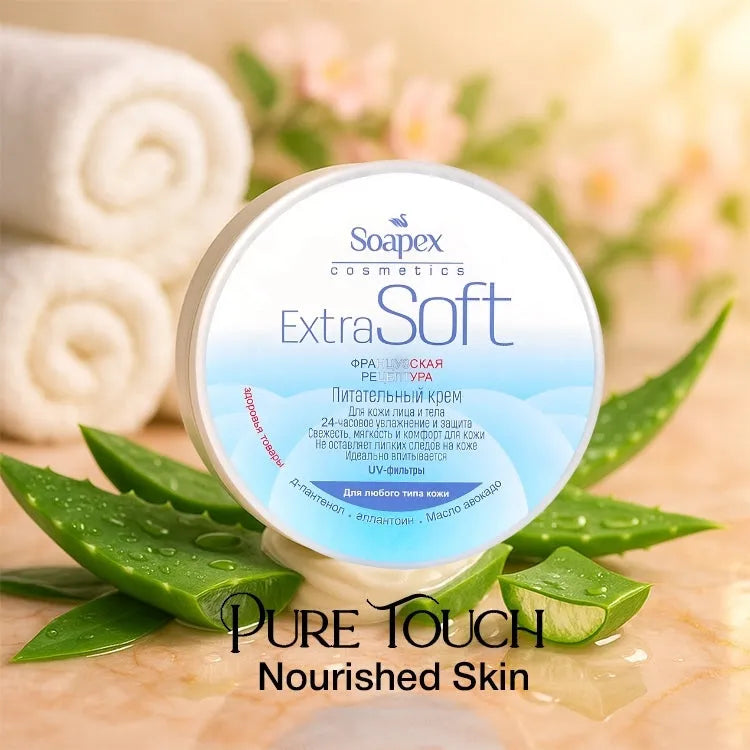 Soapex Extra Soft cream container with aloe vera leaves and towels in the background