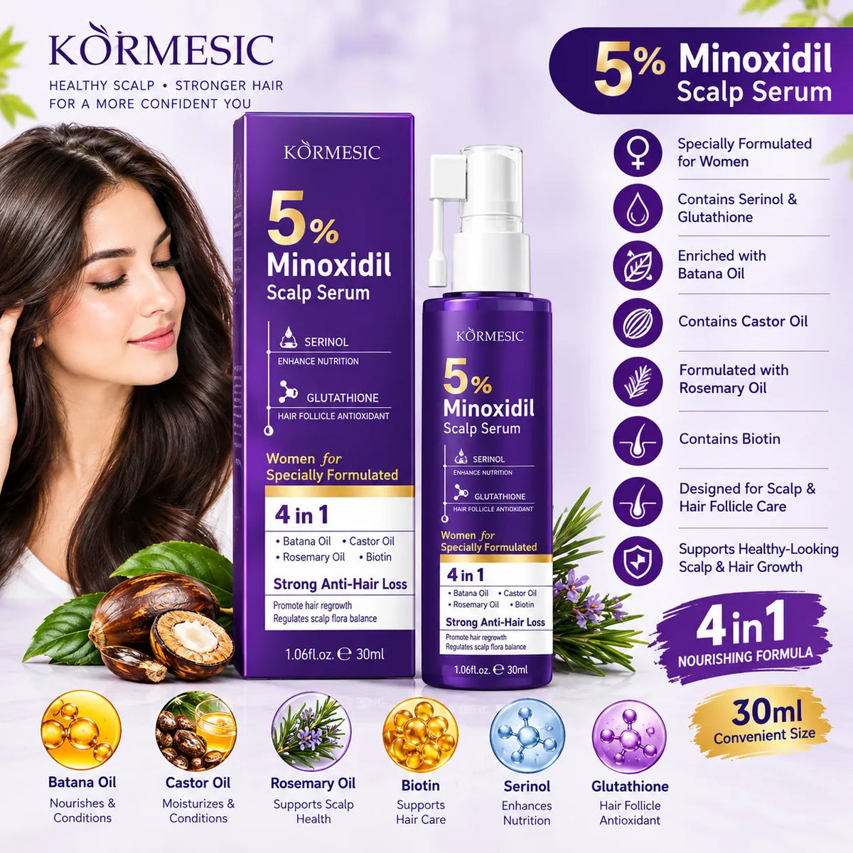 Körmesic 5% Minoxidil Scalp Serum bottle and box packaging shown on a white background with promotional text, ingredient icons, and a woman's head with long brown hair. The product is purple and white, and the image includes circular icons for various oils and ingredients.