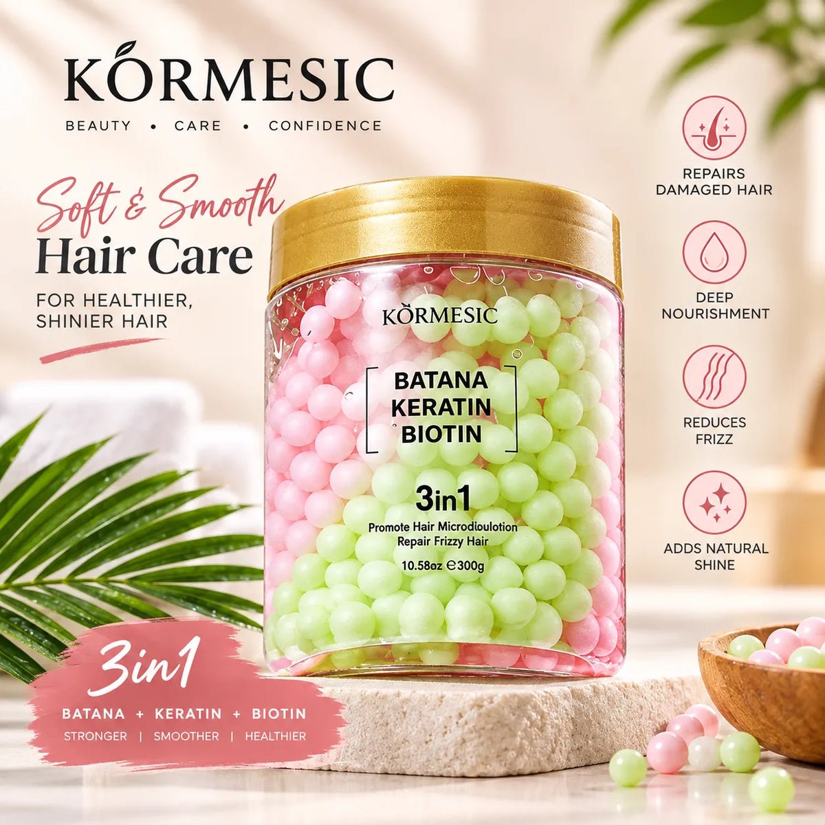 Körmesic Batana Keratin Biotin 3-in-1 hair care jar filled with pink and light green microbeads, set on a stone surface with decorative leaves and a bowl of beads. Text highlights soft hair care benefits.