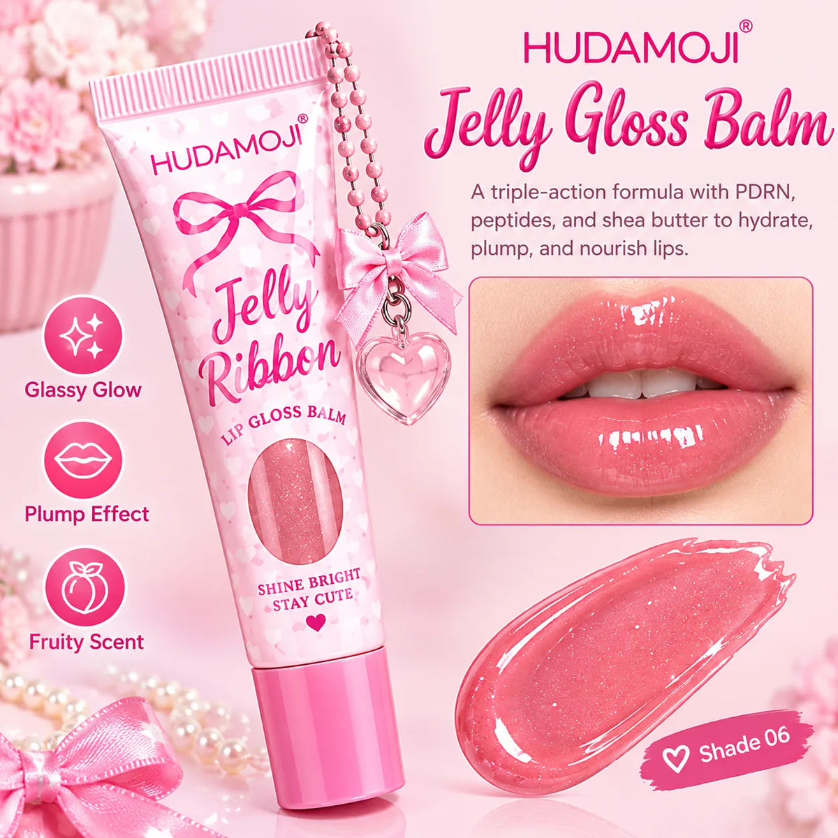 Hudamoji Jelly Gloss Balm in shade 06, shown in a pink tube with a bow charm, alongside a close-up of glossy pink lips and a swatch of the pink glitter gloss.
