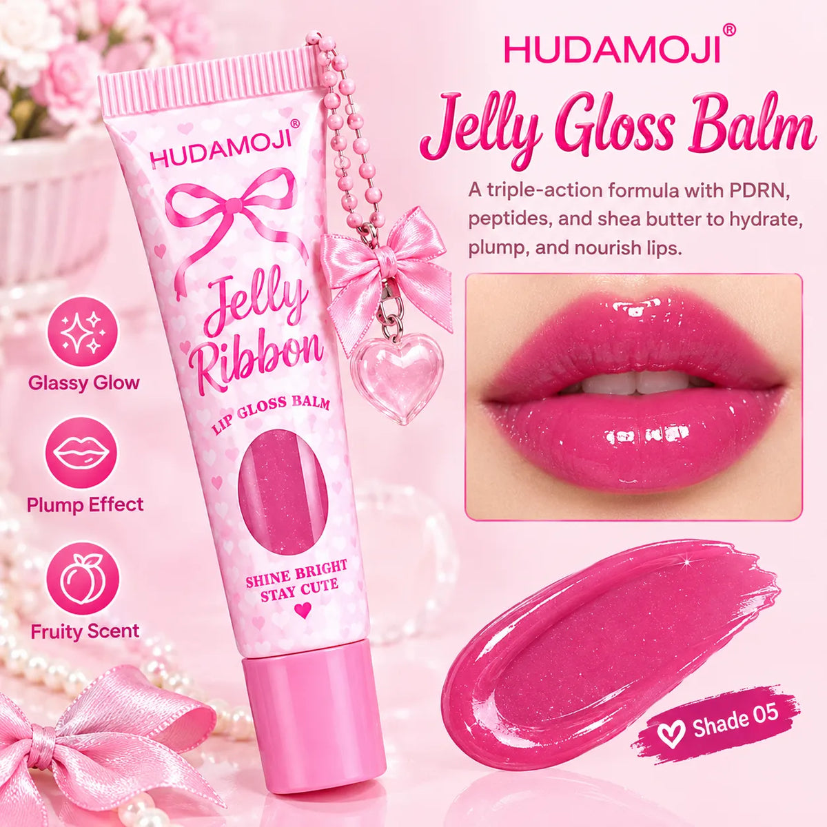 HUDAMOJI Jelly Gloss Balm lip gloss tube in pink, shown with a lip gloss smear, a close-up of glossy pink lips, and marketing text on a pink background.
