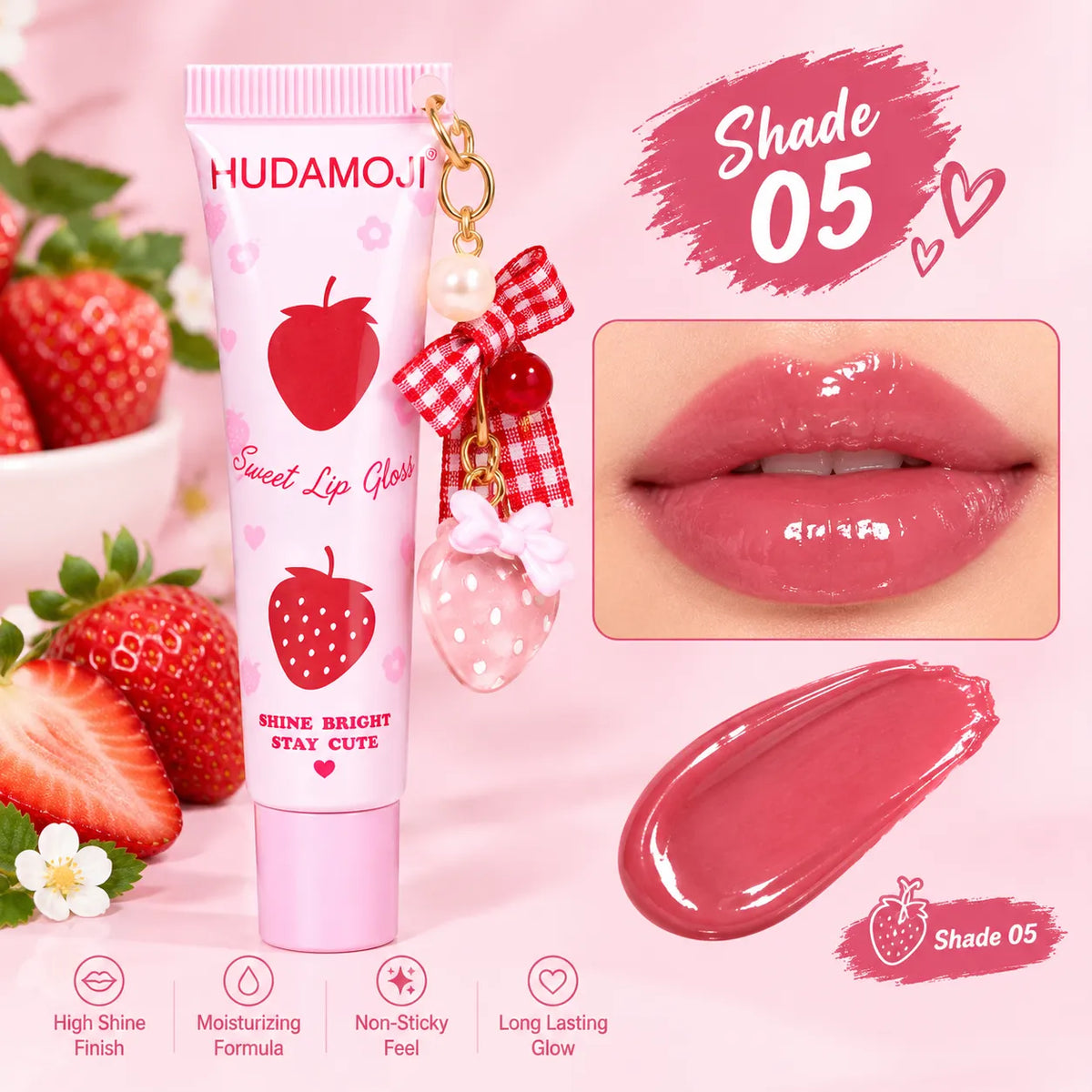 Hudamoji Sweet Lip Gloss tube in shade 05, decorated with a strawberry and a cute charm, shown next to a close-up of glossy pink lips and a lip gloss smear on a pink background with strawberries.