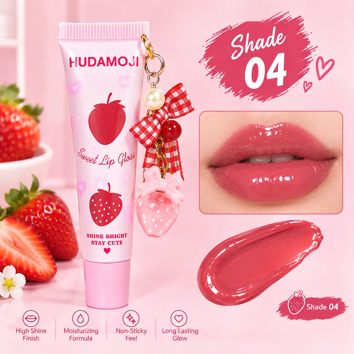 Hudamoji Sweet Lip Gloss tube in shade 04, decorated with a strawberry and a red-and-white gingham bow charm. The image features strawberries, a close-up of glossy pink lips wearing the gloss, a lip gloss smear, and product feature icons on a pink background.