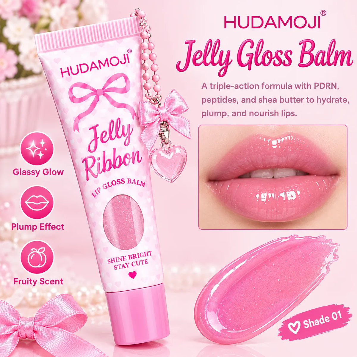 HUDAMOJI Jelly Gloss Balm lip gloss tube in shade 01, shown alongside a close-up of glossy pink lips, a swatch of the pink gloss, and feature icons for glassy glow, plump effect, and fruity scent.