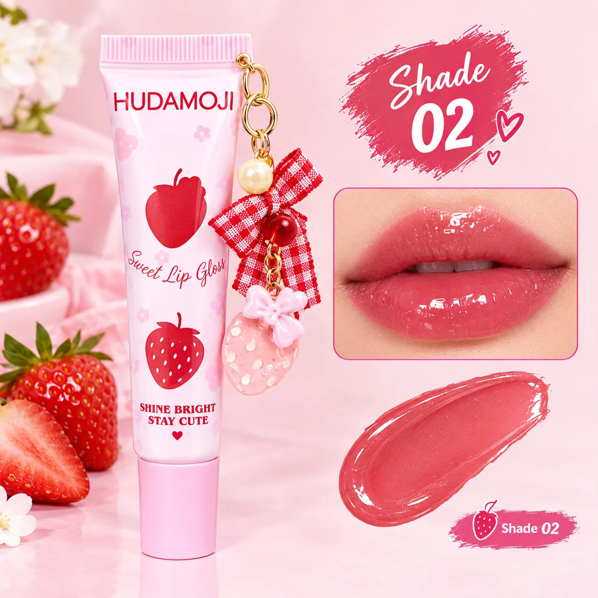 Hudamoji Sweet Lip Glash tube in shade 02, decorated with a strawberry and a red-and-white checkered bow charm. The image includes a close-up of glossy pink lips wearing the product and a swatch of the pink lip gloss on a pink background with strawberries.