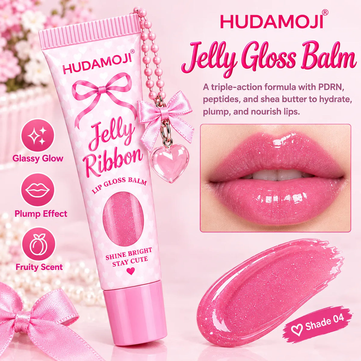 Hudamoji Jelly Gloss Balm tube in pink, shown with a lip gloss swatch, a close-up of glossy pink lips, and marketing text on a soft pink background.