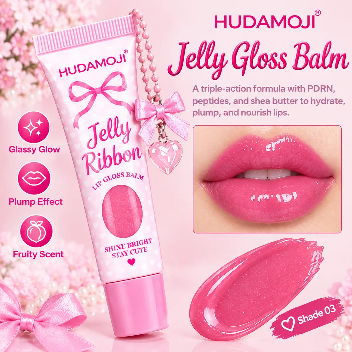 HUDAMOJI Jelly Gloss Balm in shade 03, shown in a pink tube with a matching pink bead keychain. The image features product details, descriptive text, a close-up of glossy pink lips wearing the product, and a swatch of the pink gloss on a light pink background decorated with flowers.