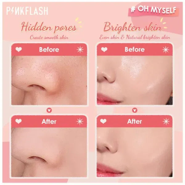 Before and after comparison of skin treatment with 'PinkFlash' and '#Oh Myself' products.