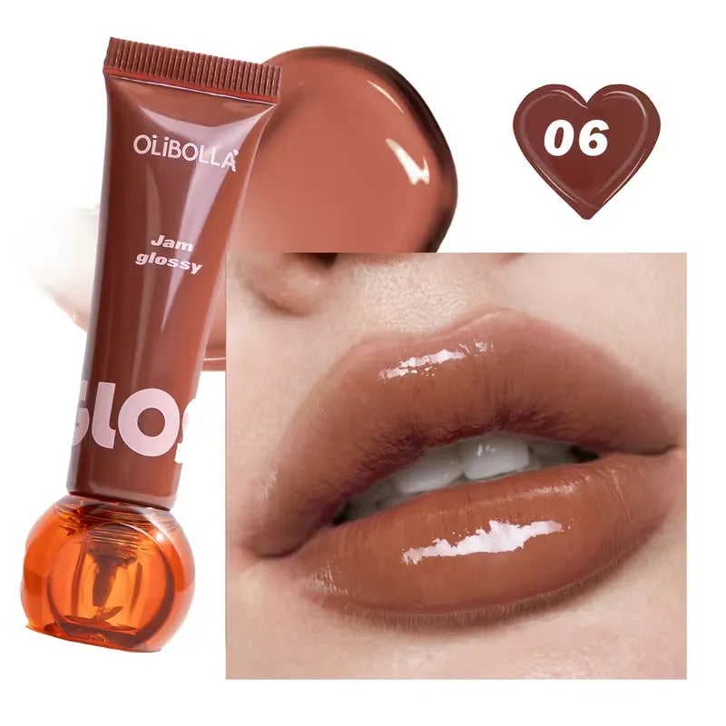 Olibolla glossy lip gloss in shade 06, showing the brown squeeze tube, a glossy swatch, and a close-up of lips wearing the warm nude-brown gloss.