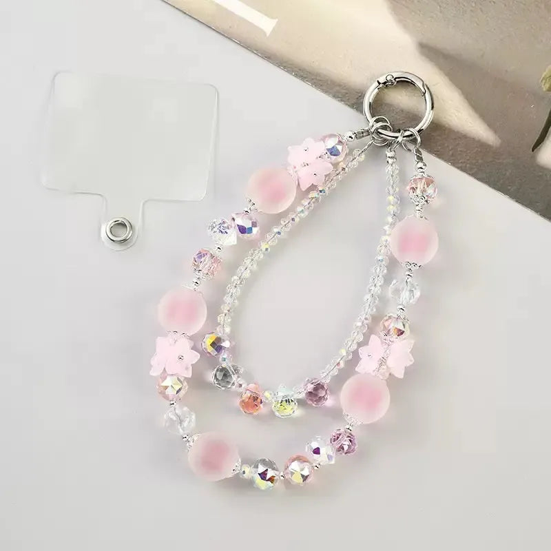 Double-Layer Beaded Phone Charm Wristlet with Flower Accents