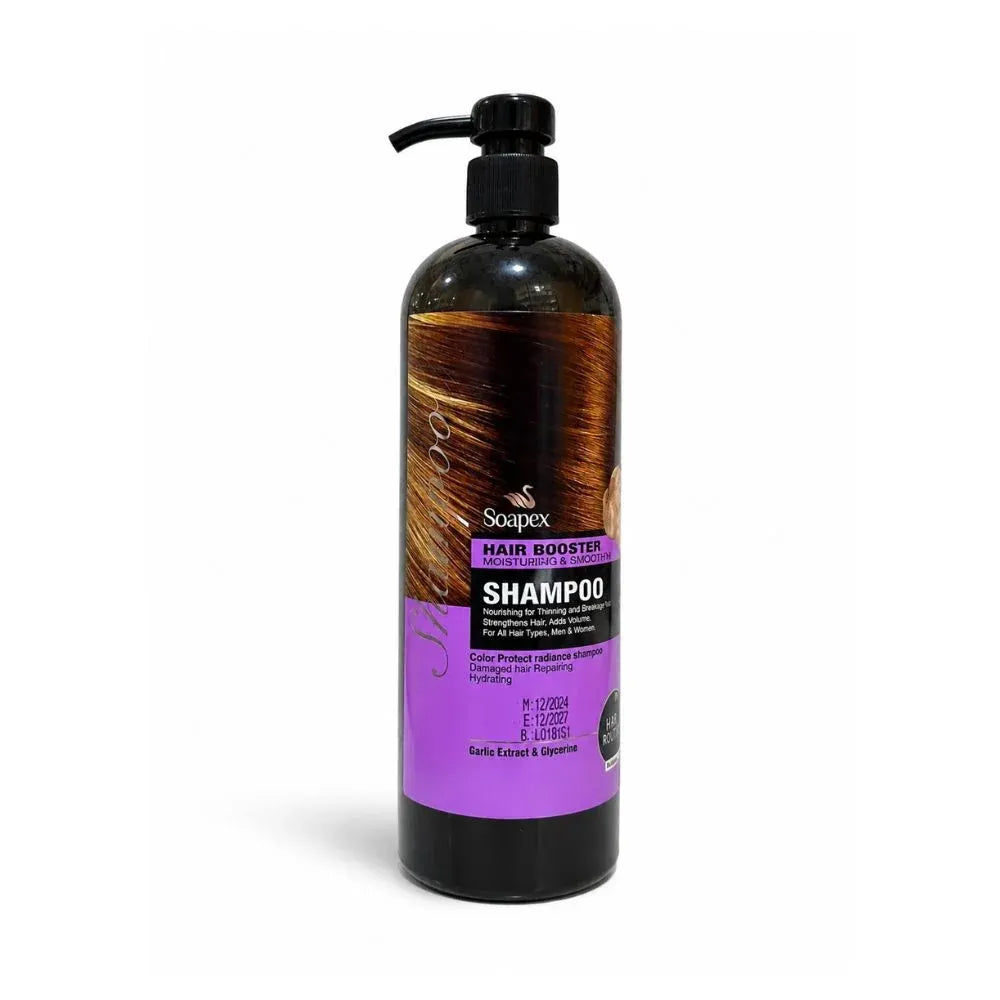 A bottle of Soapex Hair Booster Shampoo with a black pump dispenser and a purple label, shown on a white background.