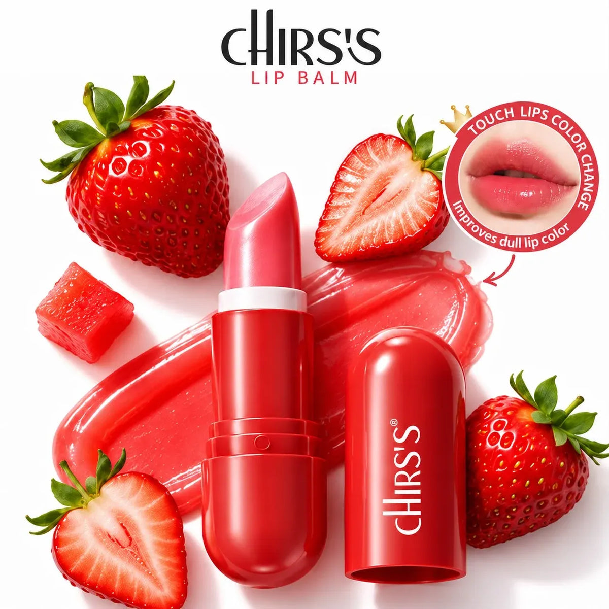Chirs's Strawberry Lip Balm in a vibrant red tube, shown with its cap, fresh strawberries, strawberry slices, and a gloss smear on a white background, featuring a circular inset showing the lipstick applied to lips.