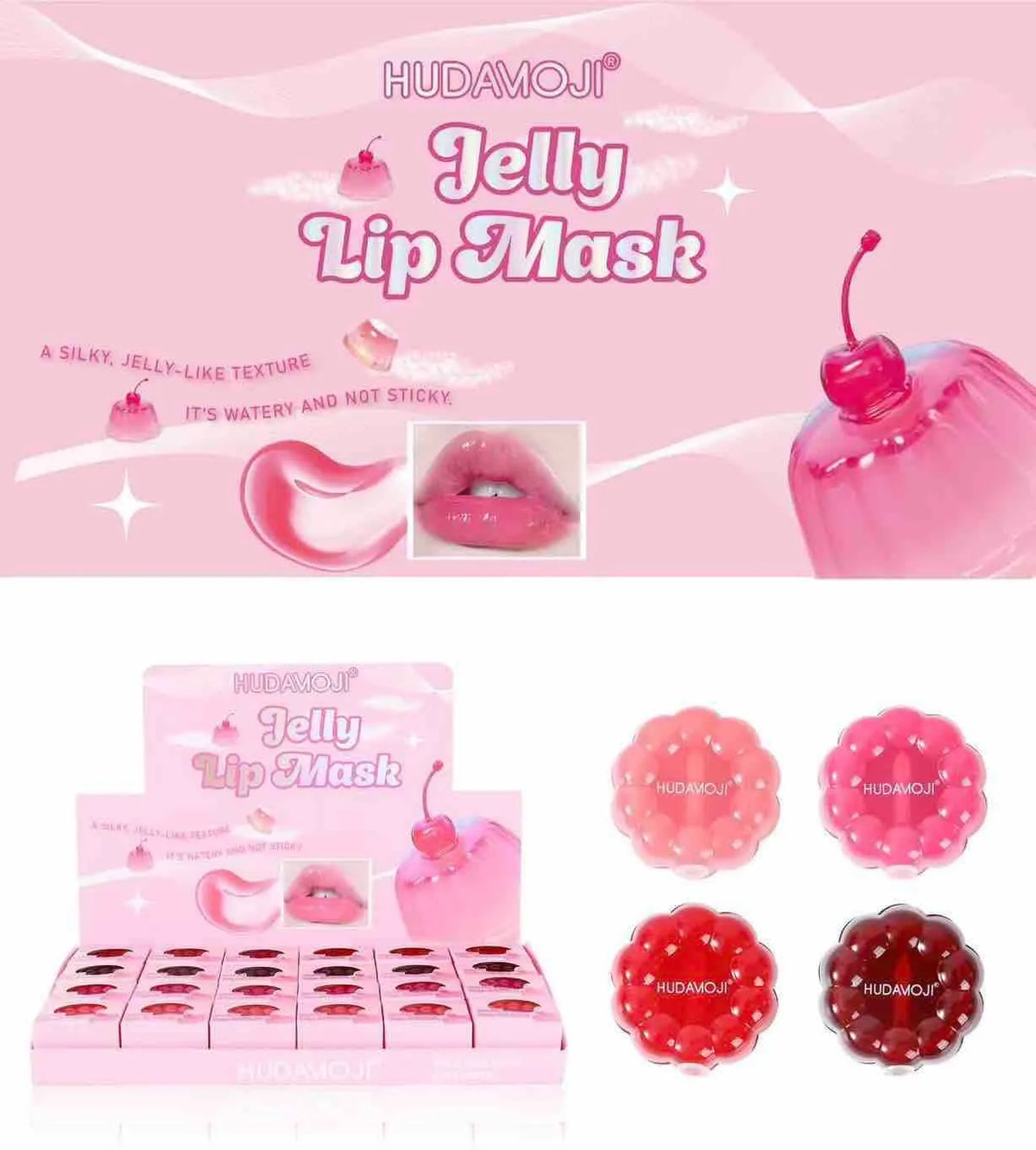 Hudamoji Jelly Lip Mask set featuring pink and red jelly lip masks in flower-shaped containers, a display box, and a large pink promotional graphic at the top.