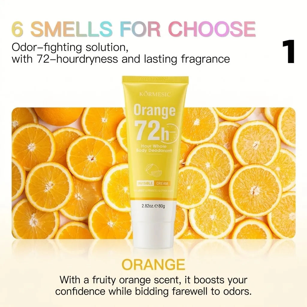 A tube of Kominasc Orange 72 Hour White Skin Brightening Cream is centered against a background of sliced oranges, with promotional text above and below describing the fruity orange scent and 72-hour dryness.