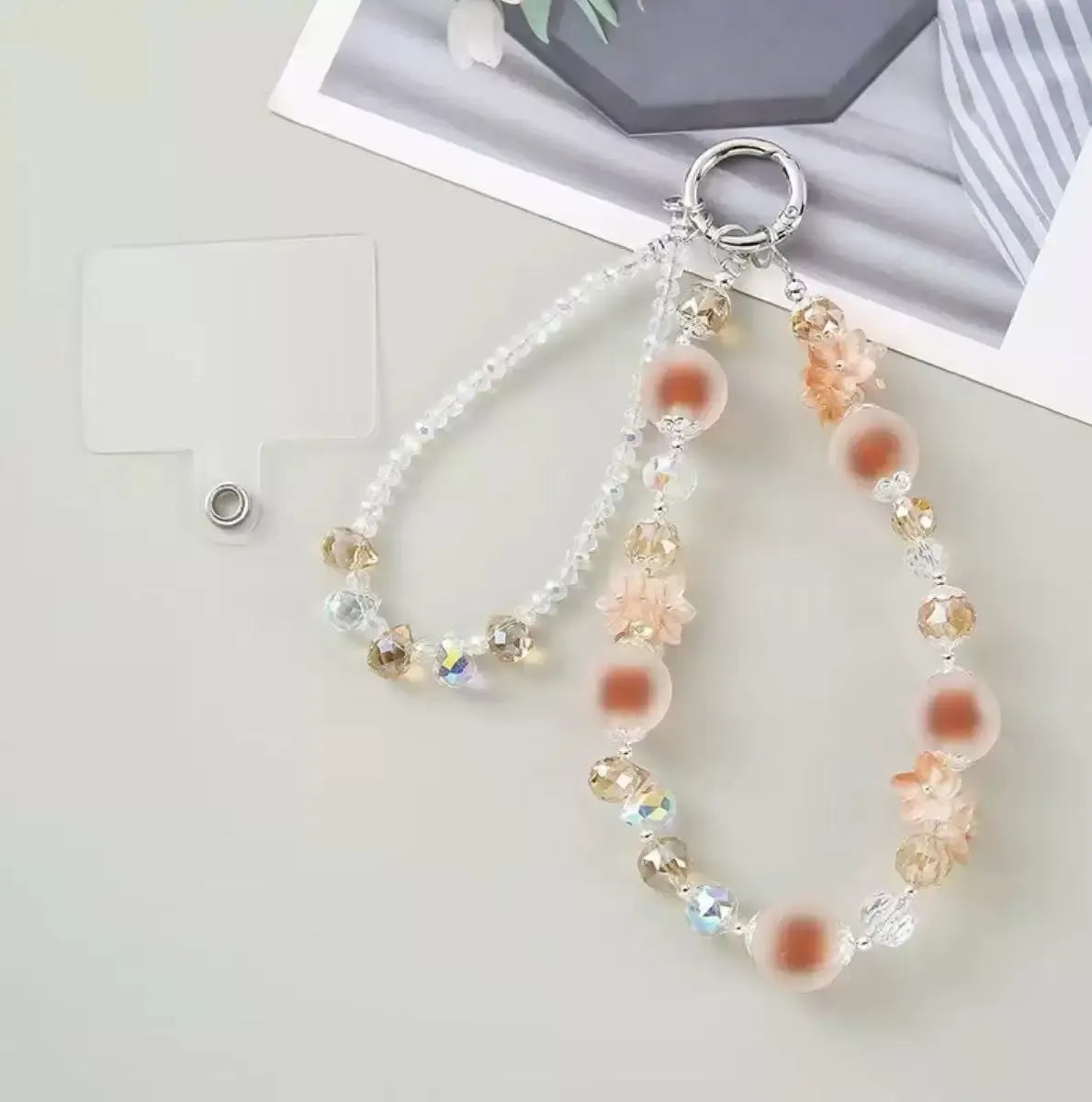 Double-Layer Beaded Phone Charm Wristlet with Flower Accents
