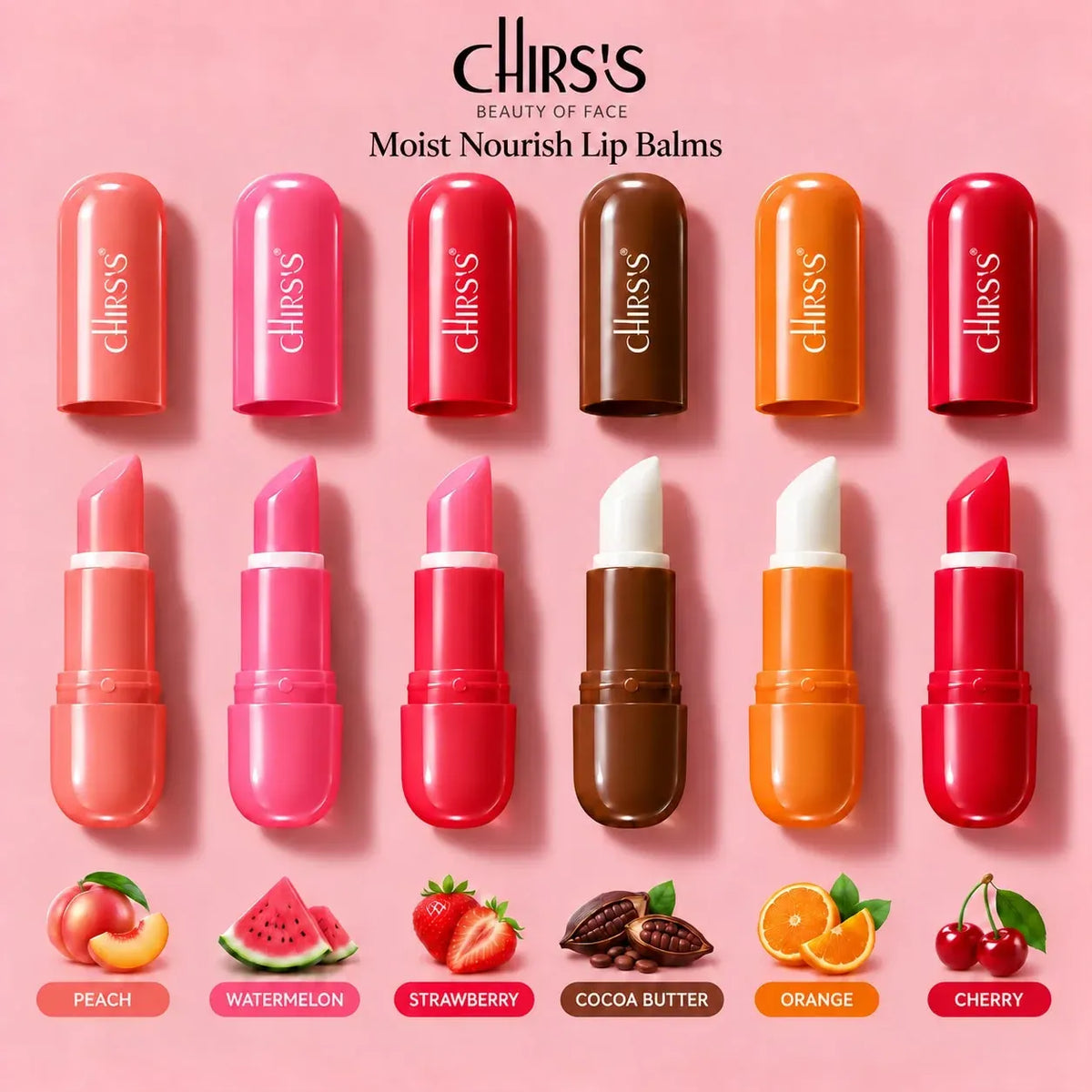 CHIRS'S Moist Nourish Lip Balm tubes and matching caps are arranged in two rows on a pink background, with flavor labels below: Peach, Watermelon, Strawberry, Cocoa Butter, Orange, and Cherry. The top row shows closed balm cases in peach, pink, dark brown, orange, and red tones; the bottom row shows the open balm bullets in corresponding shades.