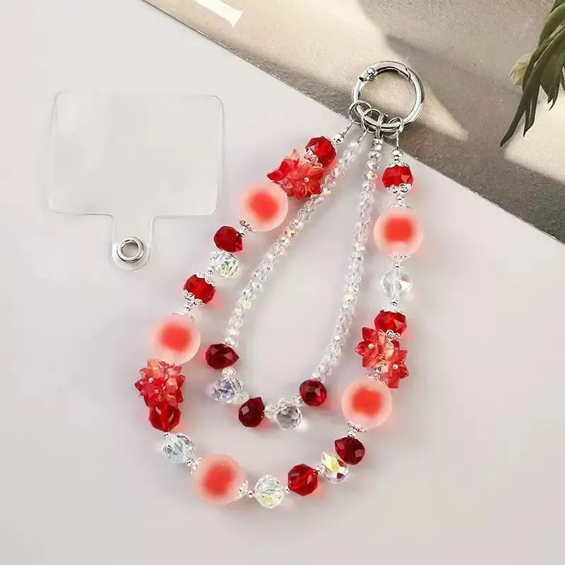 Double-Layer Beaded Phone Charm Wristlet with Flower Accents