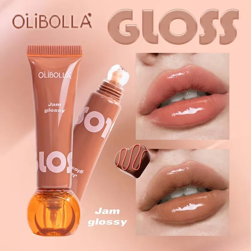 Olibolla Jam Glossy lip gloss with close-up shots of lips wearing the product on a peach background.