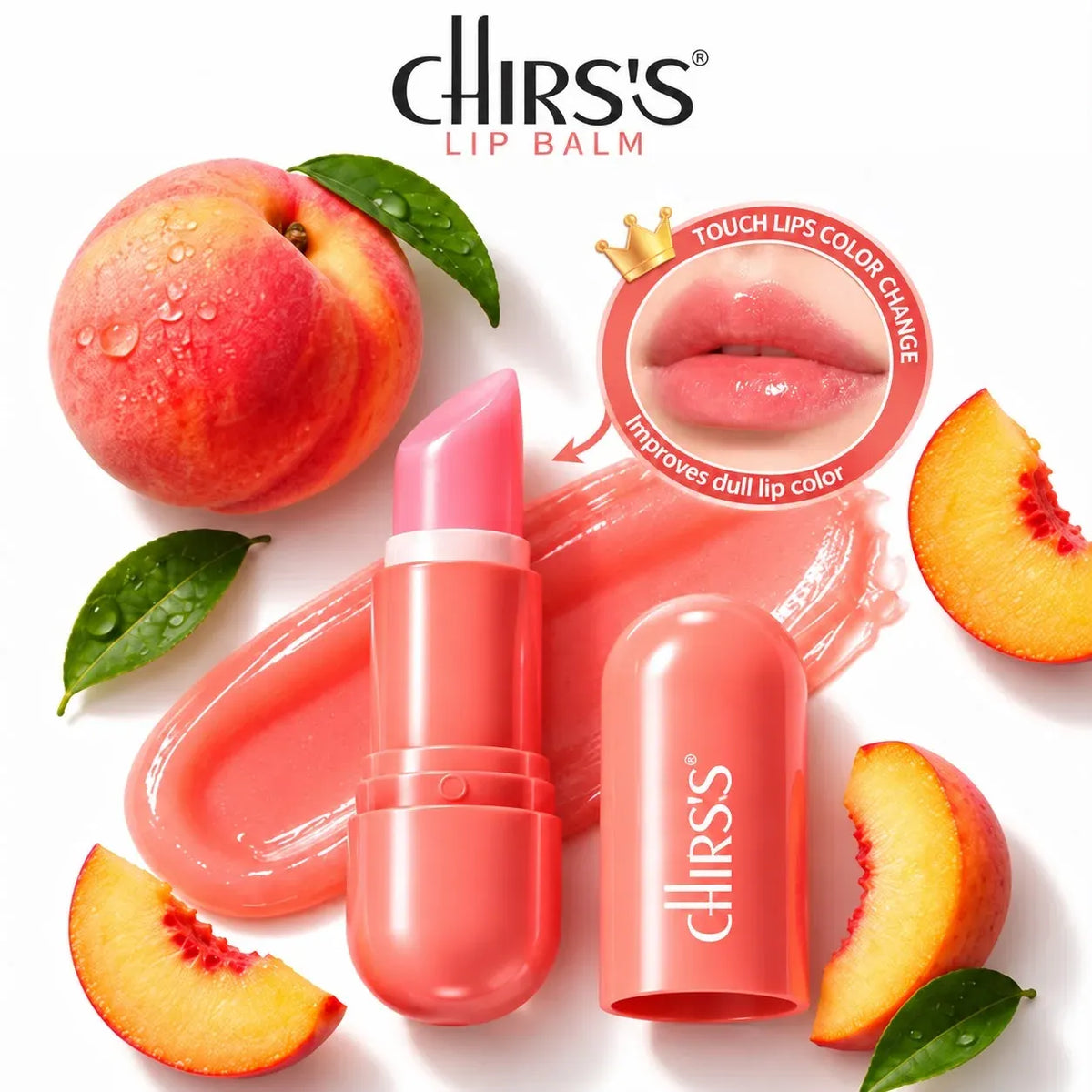 Chirs's Lip Balm in a peachy pink shade, shown with its cap off next to a smear of the balm. The product is styled with fresh peaches, peach slices, and green leaves on a clean white background, with the brand logo and a 'Touch Lips Color Change' inset graphic.