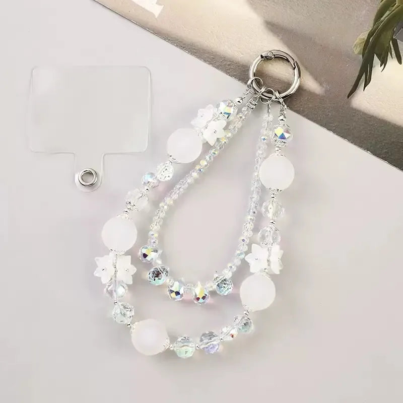 Double-Layer Beaded Phone Charm Wristlet with Flower Accents