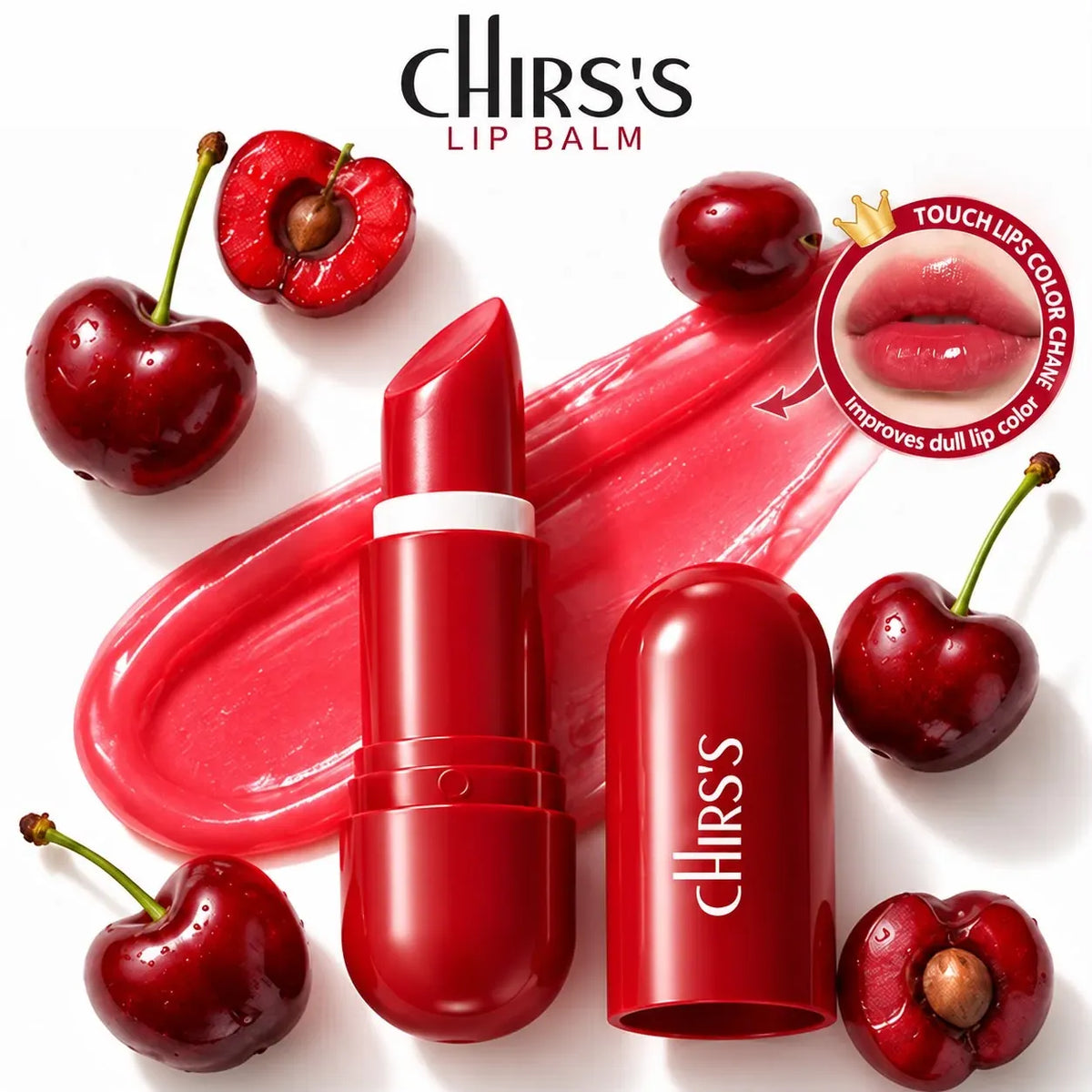 Chirs's Lip Balm in a glossy red tube with its cap beside it, surrounded by fresh red cherries on a white background. A lip gloss smear and a circular inset showing lips wearing the product are also included.
