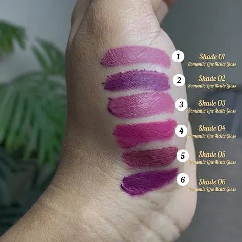 A hand showing six numbered lipstick swatches in shades of pink, purple, and magenta, displayed within a phone screenshot interface.