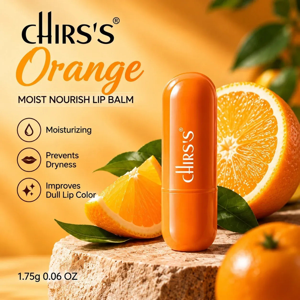 An orange-colored lip balm tube labeled 'CHIRS'S Orange' stands on a stone surface with sliced oranges and green leaves around it. Text on the left lists benefits: moisturizing, prevents dryness, and improves dull lip color.