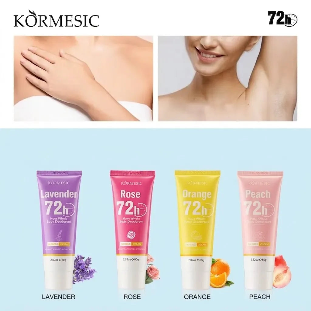 Körmesic 72-hour antiperspirant and deodorant tubes shown in four flavors: Lavender, Rose, Orange, and Peach. The top of the image features lifestyle photos of a woman's underarm and chest showing clear skin, while the bottom displays the four colorful product tubes with their respective flavor illustrations.